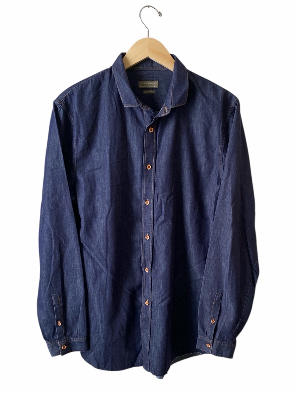 Zara Men's Dark Navy Slim Fit Button-Down Raw Hem Cotton Chambray Denim Shirt XL